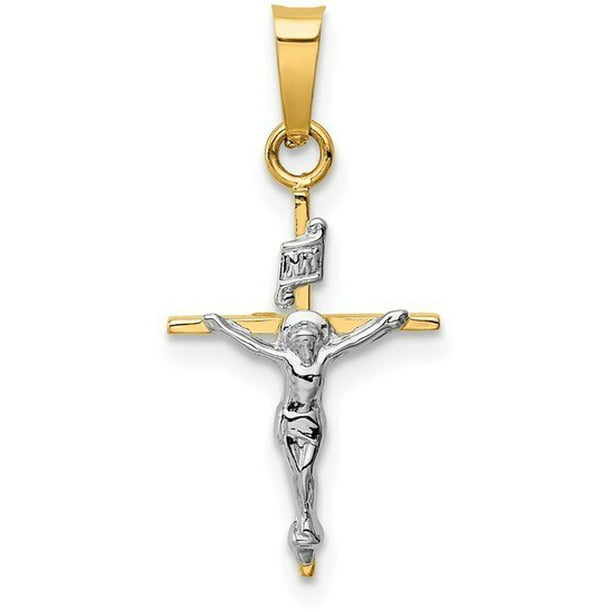14k White Gold Polished and Satin INRI Crucifix Pendant 